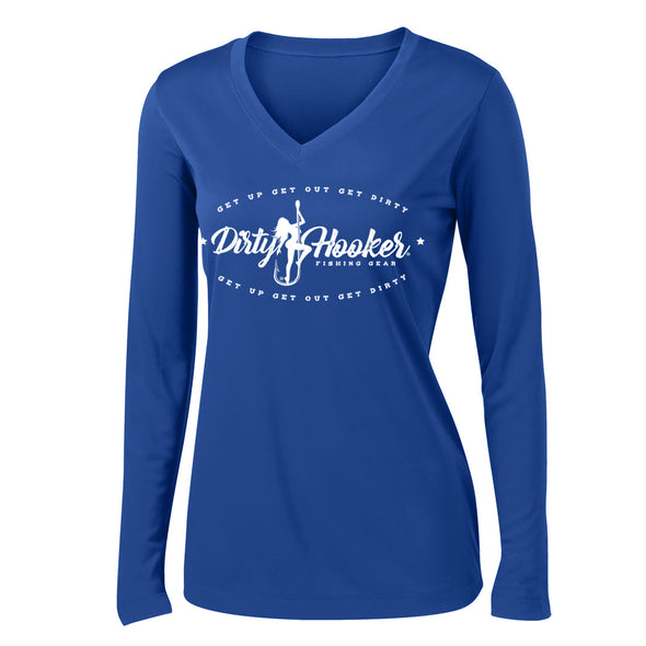 Dirty Hooker Vintage on Royal Blue Ladies V-neck Dry Fit - Closeout