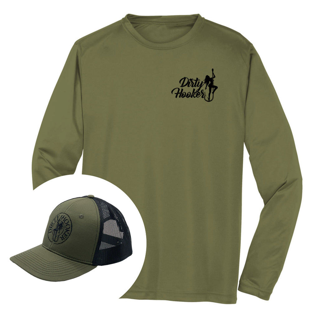 Dirty Hooker Combo: Military Green Dry Fit with Dh Vintage Black & Deluxe Military Green and Black Hat Dry Fit Military Green / L / Deluxe Hat