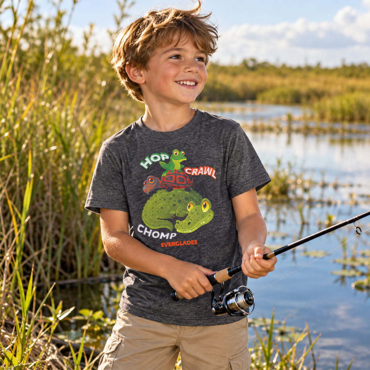Youth Everglades Hop Crawl Chomp Dark Heather Grey Tee | Keep Florida Wild
