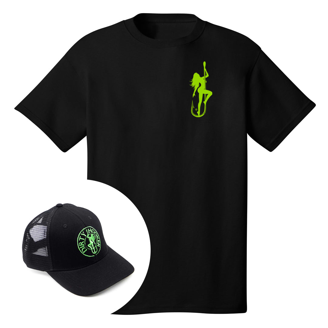 Dirty Hooker COMBO: Black T-Shirt with DH Classic Green & Premium Black Hat