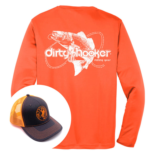 Dirty Hooker COMBO: Orange Dry Fit with Flying Redfish & Charcoal and Orange Hat