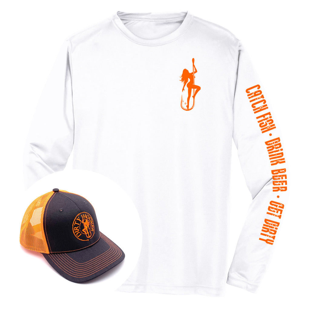 Dirty Hooker COMBO: White Dry Fit with DH Classic Orange & Deluxe Charcoal  and Orange Hat