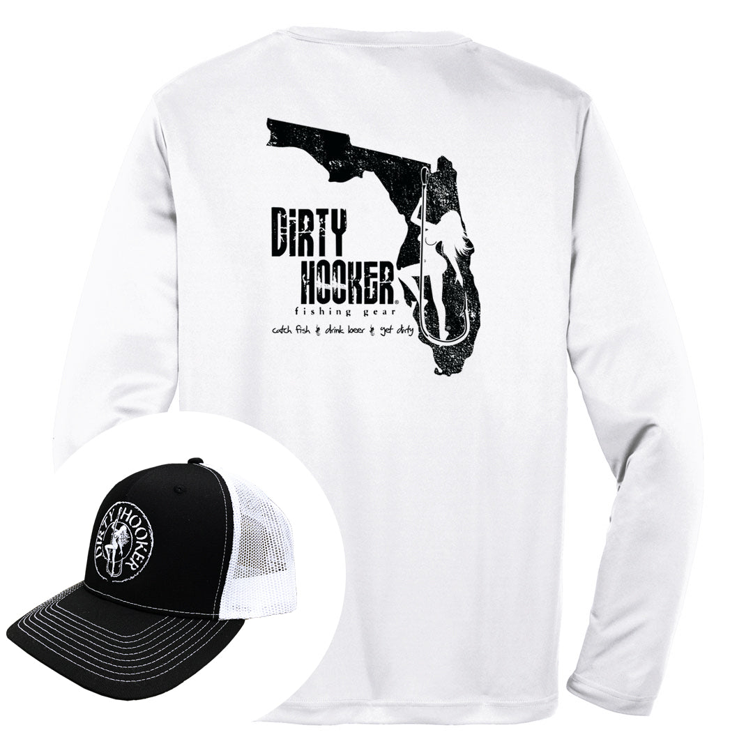 Dirty Hooker COMBO: White Dry Fit with DH Florida & Deluxe Black and White Hat